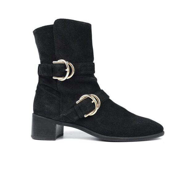 Stuart Weitzman Britain Black Suede Western Buckle Boots Horse Girl Block Heel 9 - Picture 1 of 9